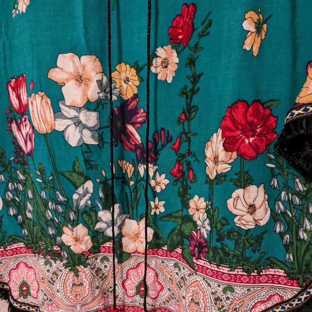 NEW Artisan Colorful Art Turquoise Cape Poncho Top Shawl Floral Embroidery One - Picture 6 of 8
